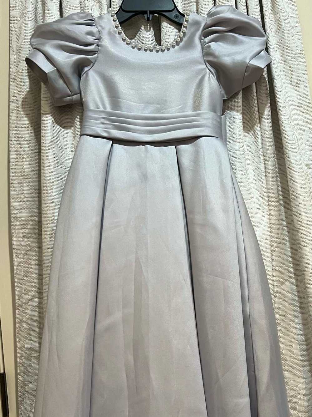 JJs House Silver Puff Sleeve Satin Flower Girl Dress